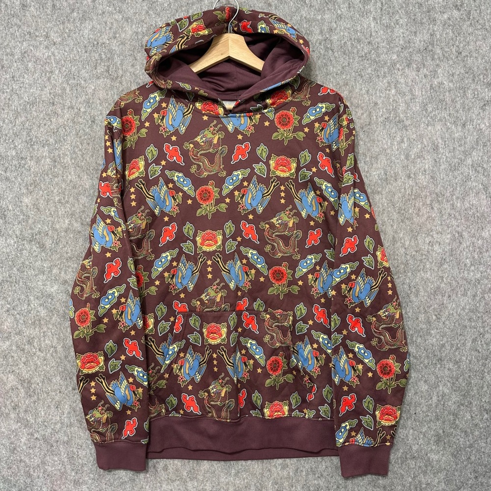 Super Massive Mens Medium Maroon Dragon Crane Floral All Over Print Hoodie